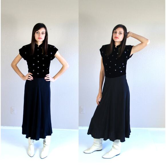 vintage 30s Black VELVET Rhinestone Flowers COCKTAIL DRESS Medium party holiday - Picture 2 of 6